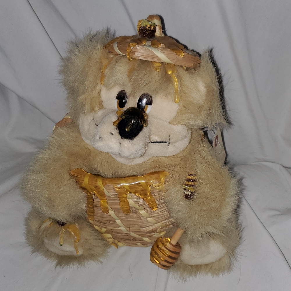 Vintage Orzek Honey Bear In "Sticky" Wicker Basket Pot With Bees 1996